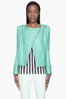 Balmain Mint Green Leather Zipped Biker Jacket - Lyst