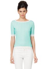 Oscar de la Renta Short Sleeve Boat Neck Scallop Trim Lurex Top