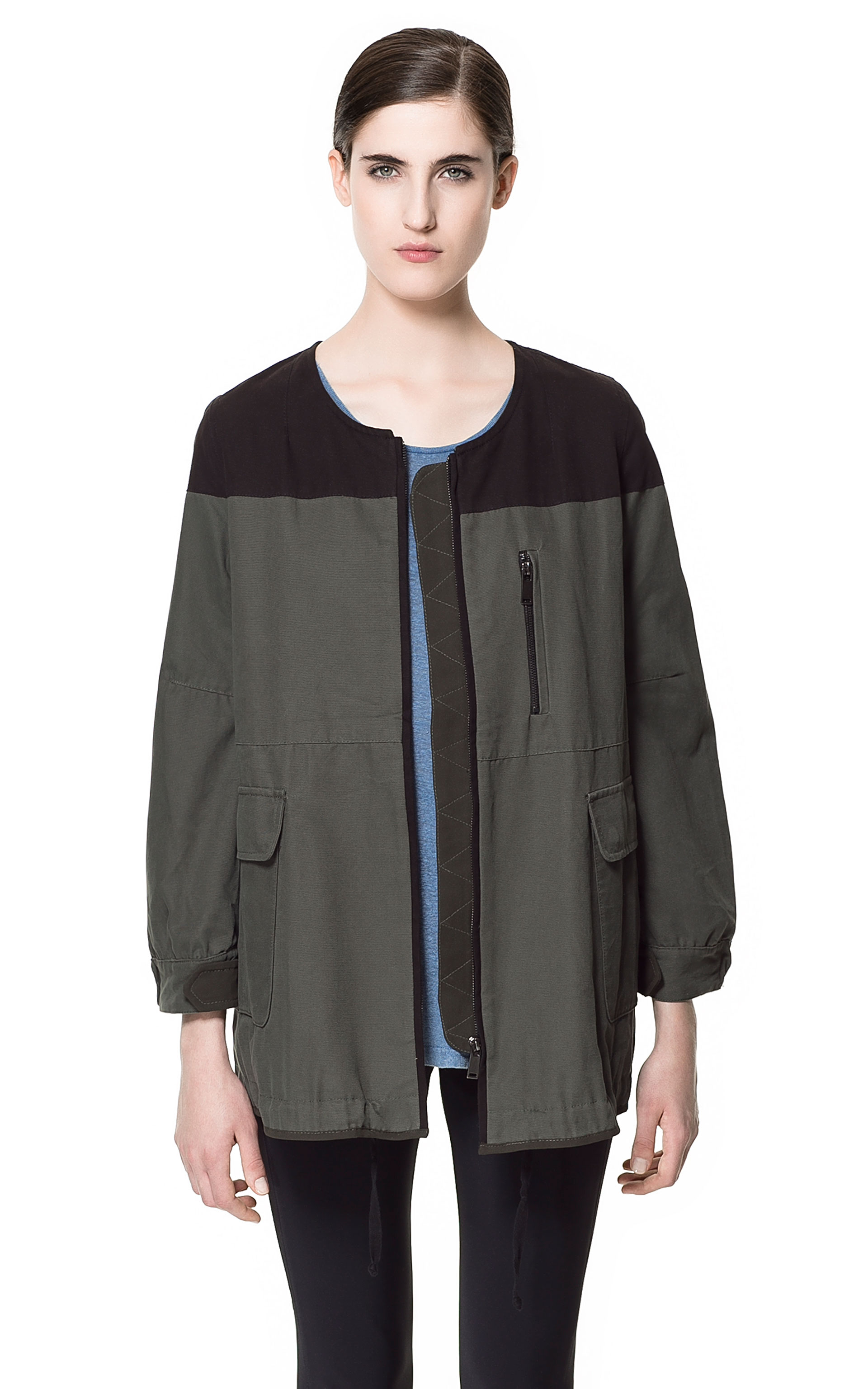 Zara Long Quilted Jacket With Faux Fur Hood in Khaki Lyst