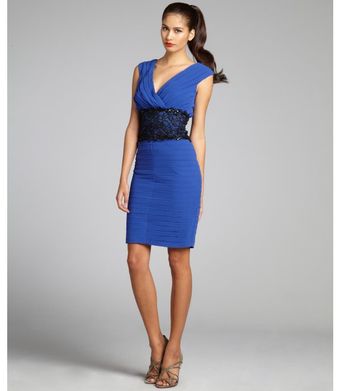 Tadashi Shoji Cobalt and Black Tiered Chiffon Sequined Lace Trimmed Dress - Lyst