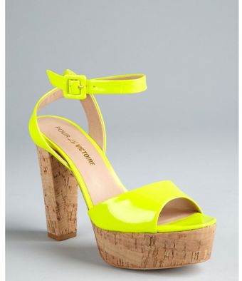 Pour La Victoire Neon Yellow Patent Leather Nasha Cork Heel Sandals - Lyst