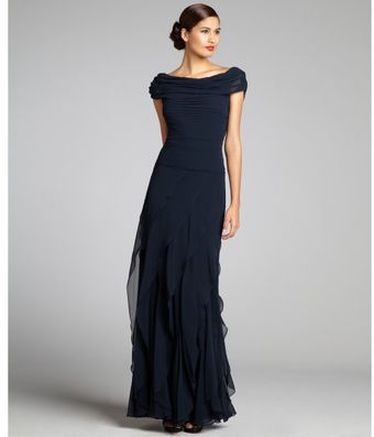 Tadashi Shoji Navy Chiffon Offtheshoulder Pleated Ruffle Tiered Gown - Lyst