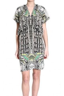 Roberto Cavalli Short-sleeve Drapery Silk Dress With New England Print - Lyst