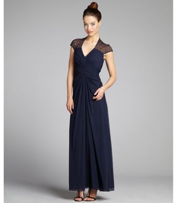 Tadashi Shoji Navy Jersey Knit Sequin Embellished Sheer Overlaid Gown - Lyst