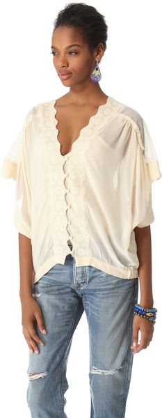 Love Sam Mesh and Lace Button Front Blouse - Lyst
