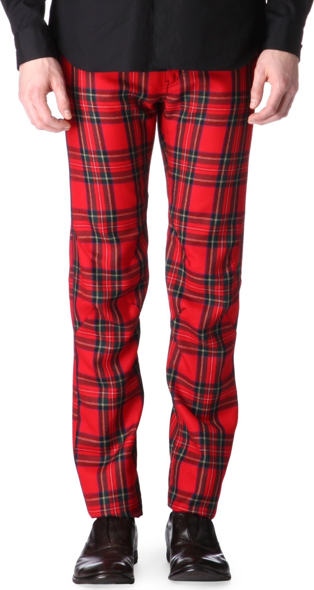 red and black check trousers