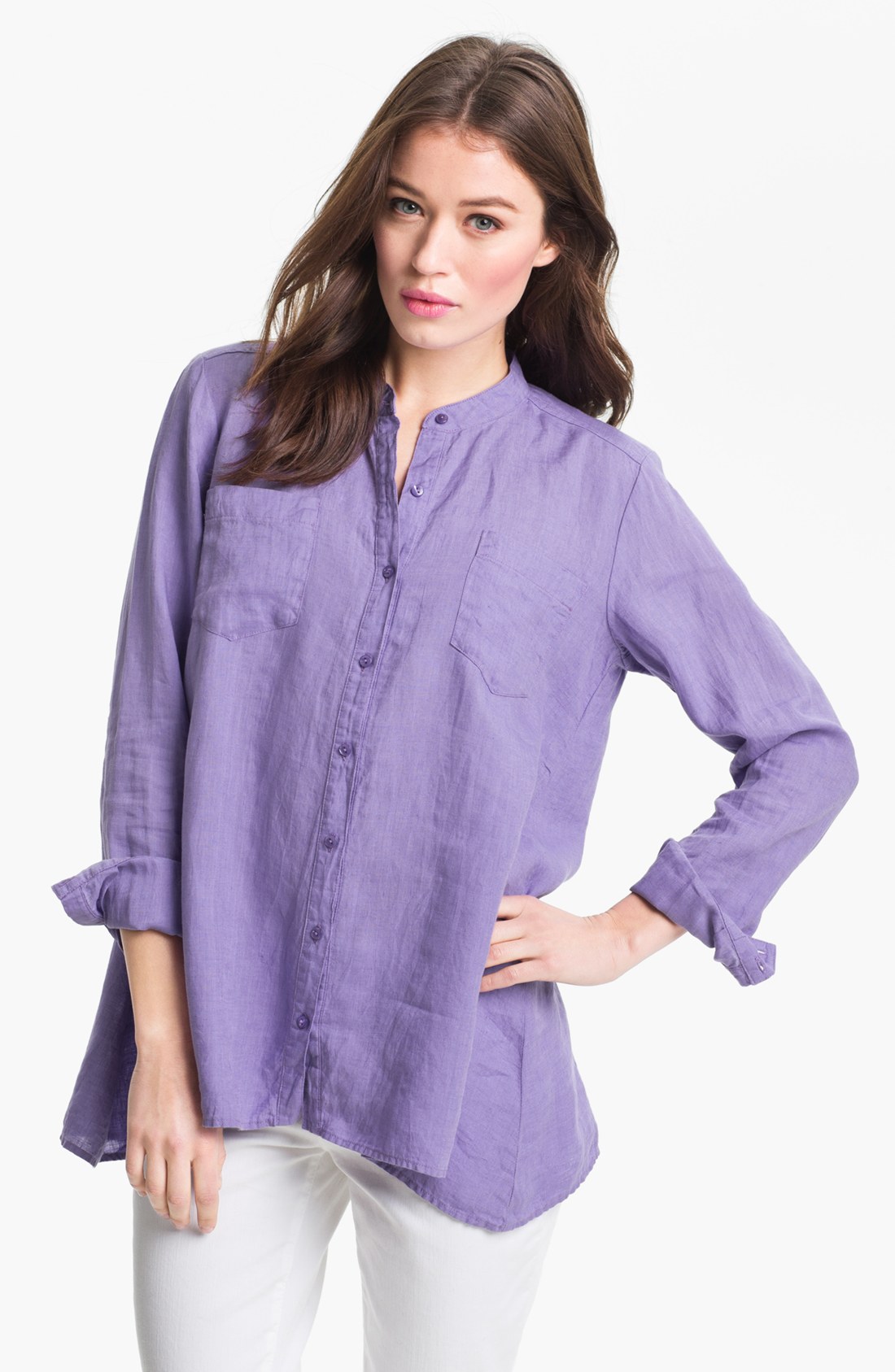 Eileen Fisher Mandarin Collar Organic Linen Shirt in Purple (mulberry) | Lyst