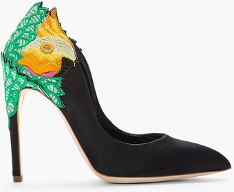 Rupert Sanderson Black and Green Satin Embroidered Birdie Heels - Lyst