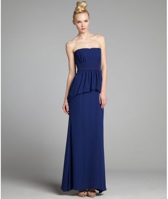 BCBGMAXAZRIA Navy Chiffon Trimmed Peplum Ruella Strapless Gown - Lyst