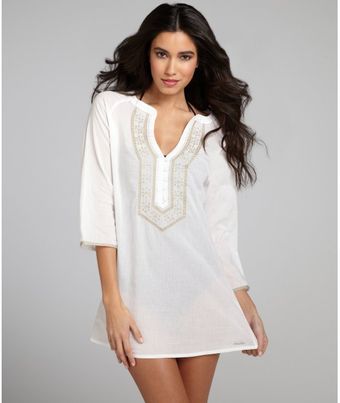 Ondademar White and Taupe Cotton Embroidered Button Down Coverup - Lyst
