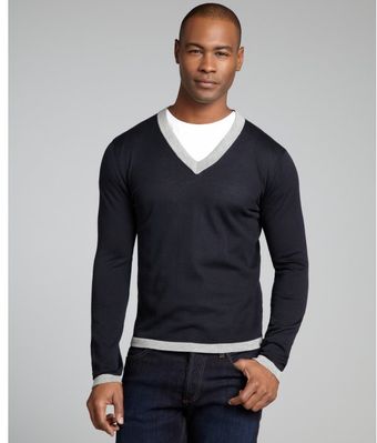 Prada Navy and Grey Cotton Contrast Trimmed Vneck Shirt - Lyst