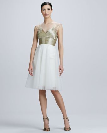 Monique Lhuillier Beaded V Neck Cocktail Dress with Tulle Skirt - Lyst