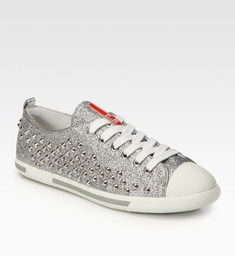 Prada Studded Glitter Laceup Sneakers - Lyst