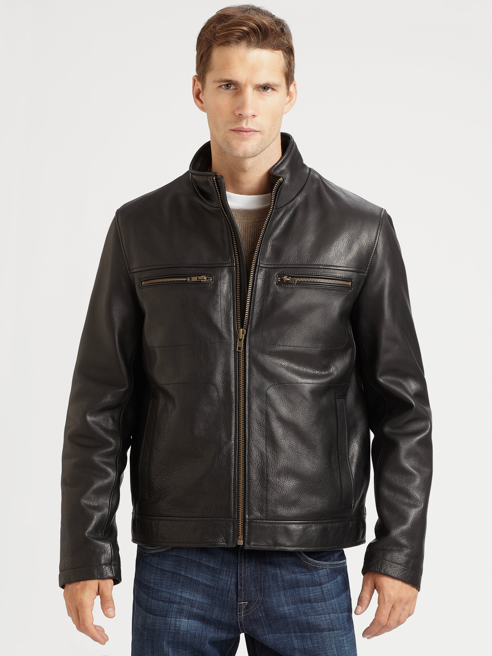 Cole Haan Grainy Leather Moto Jacket in Black for Men Lyst