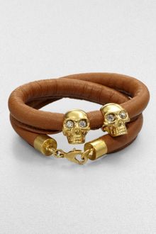 Alexander McQueen Double Skull Leather Wrap Bracelet - Lyst