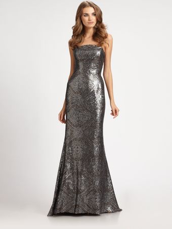 Ml Monique Lhuillier Strapless Sequined Gown - Lyst