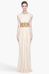 Alexander McQueen Champagne and Gold Embroidered Draping Gown
