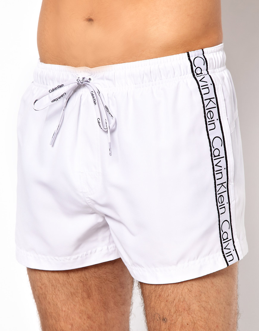 Calvin Klein Logo Tape Swim Shorts in White for Men | Lyst
