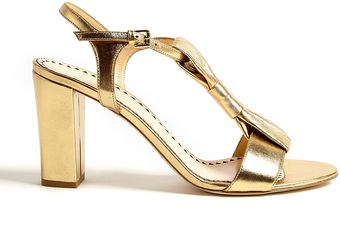 Moschino Cheap & Chic Metallic Leather Bow Block Heel Sandals - Lyst