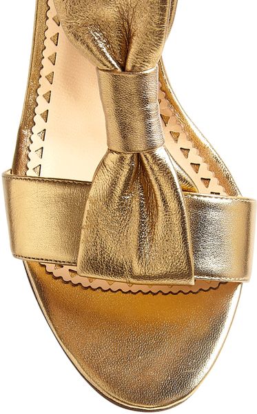 ... Cheap  Chic Metallic Leather Bow Block Heel Sandals in Gold | Lyst