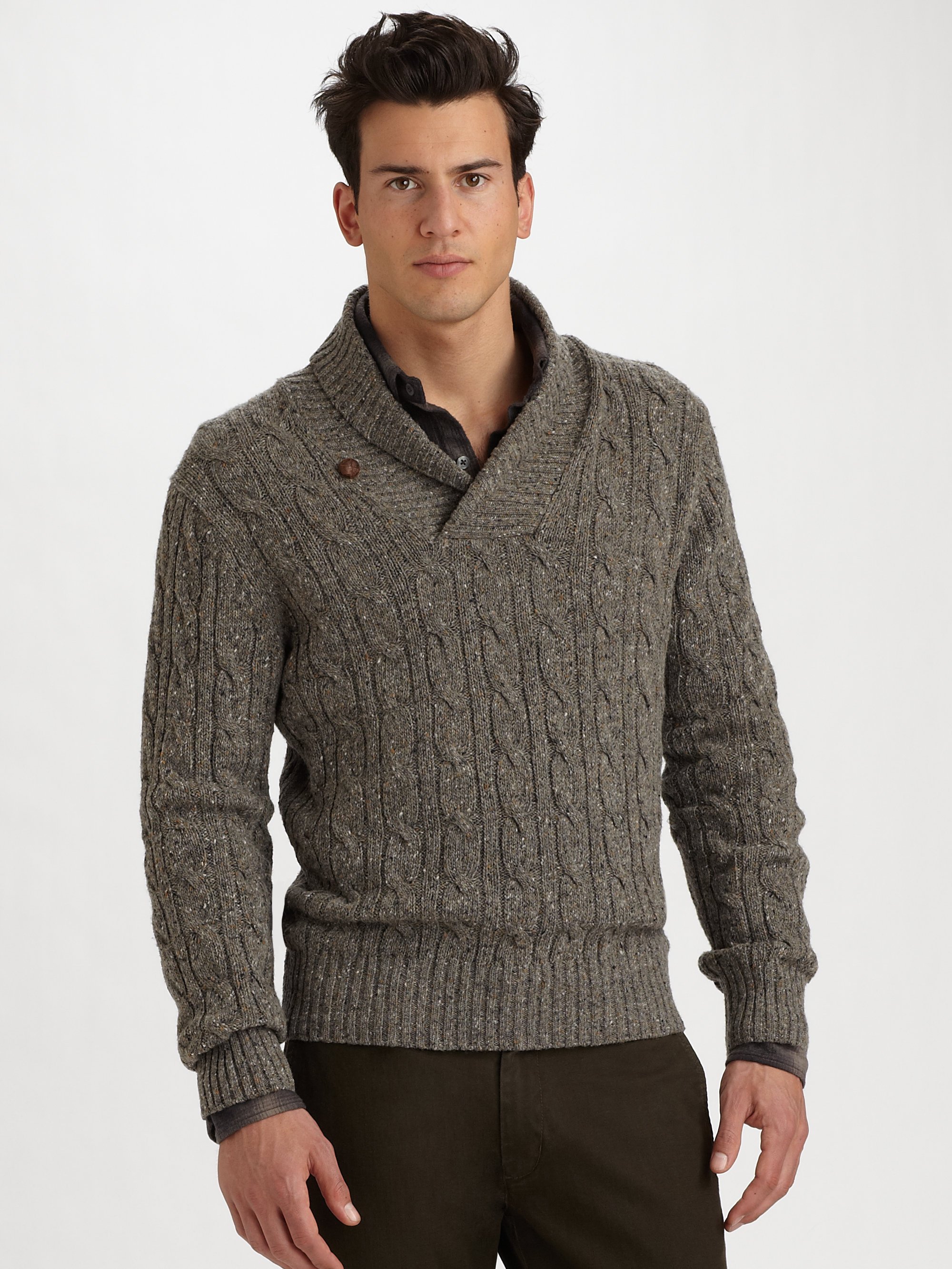 brown sweater with white collar