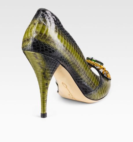 ... La Renta Jeweled Snakeskin Peeptoe Pumps in Multicolor (green) | Lyst