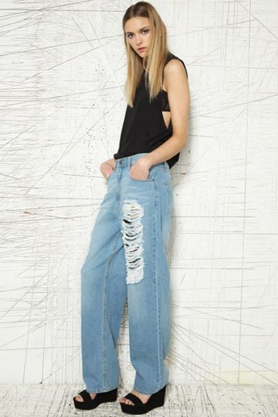 blue ripped wide leg jeans