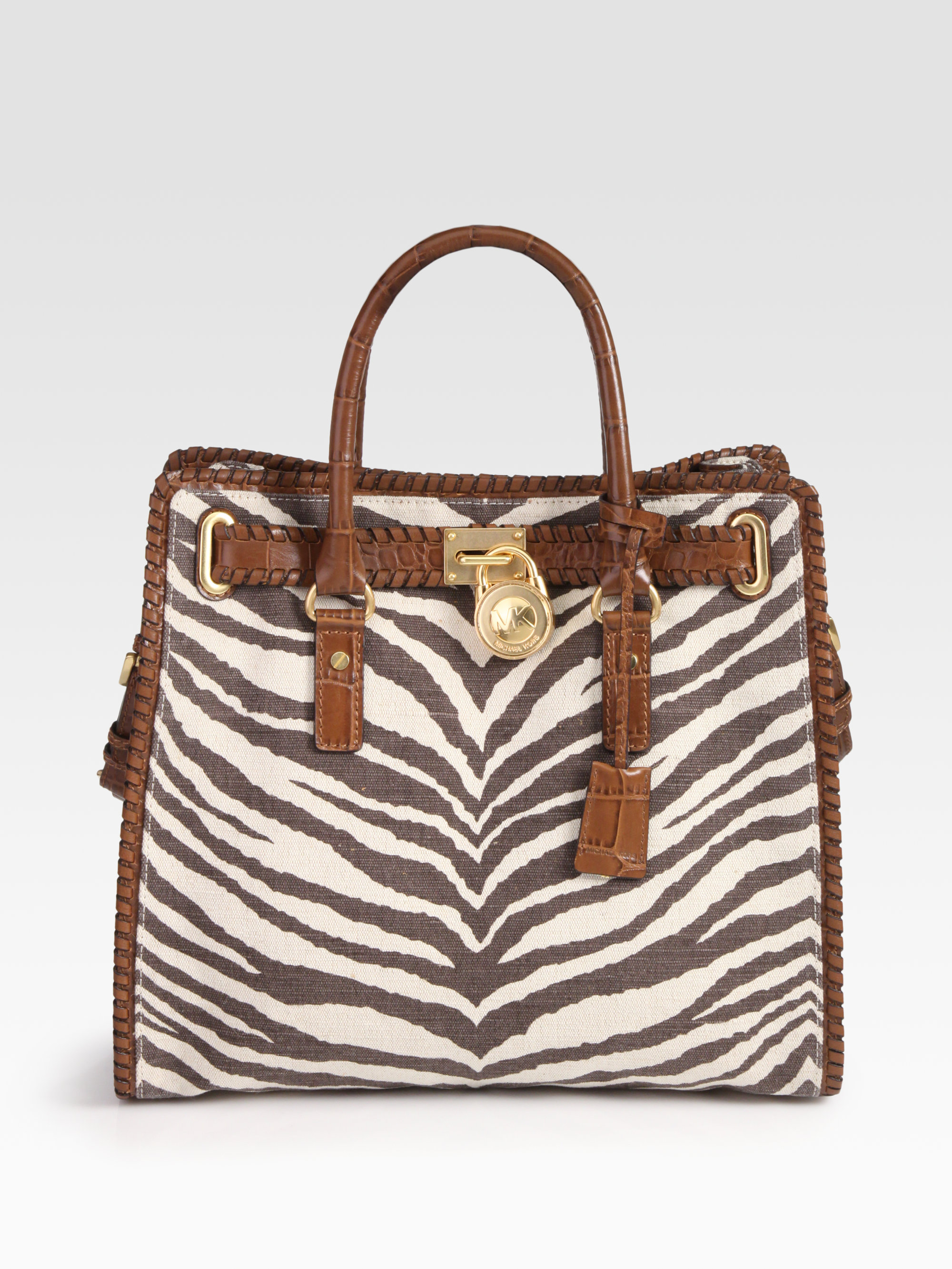 Michael Michael Kors Hamilton Whipped Leather Canvas Tote Bag in Brown (beige-tan) | Lyst