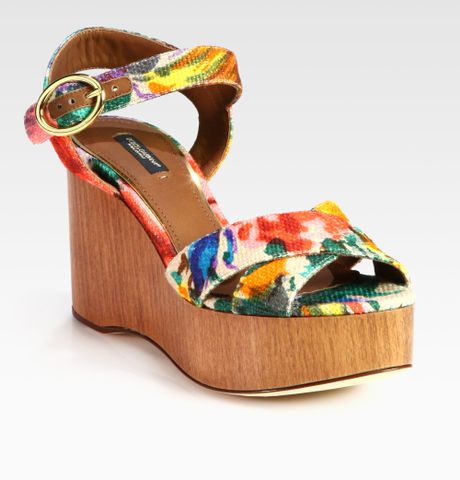 Dolce  Gabbana Floralprint Canvas Wooden Wedge Sandals in Multicolor ...
