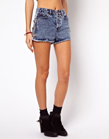 Asos Asos High Waist Denim Shorts in Acid Wash with Side Lattice Detail ...