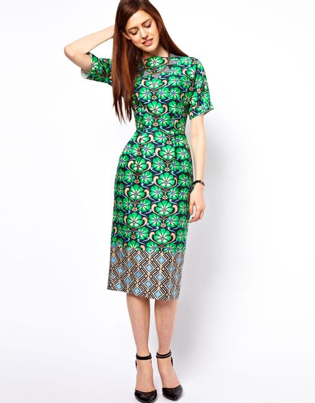 Asos Wiggle Dress in Border Wallpaper Print in Green (print) | Lyst