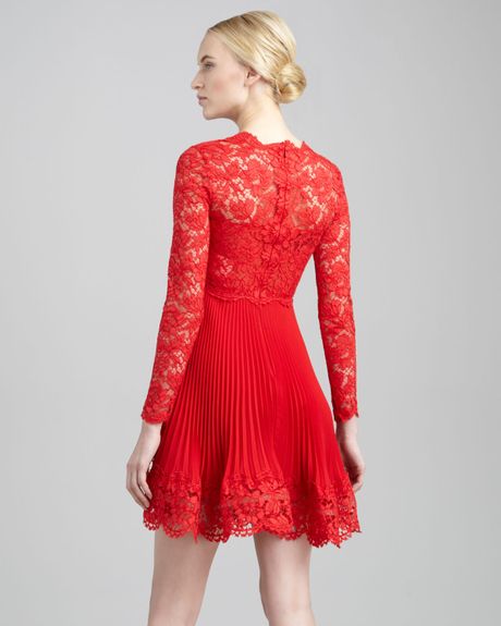 Valentino Long Sleeve Lace Plisse Dress in Red (rosso)