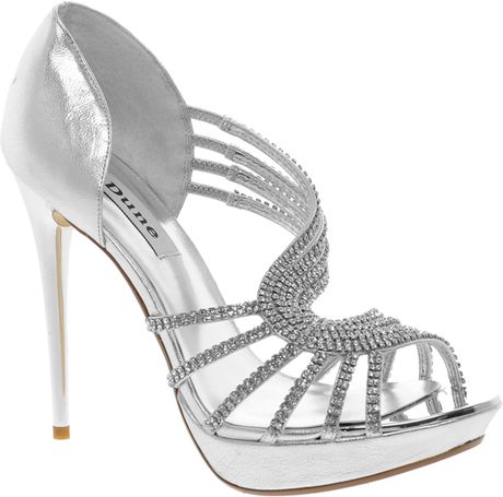 Dune Hearty Leather Heeled Sandal with Diamante Detail in Silver ...