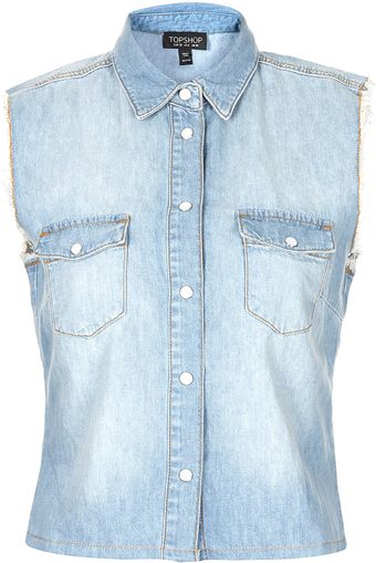 Moto Raw Edge Crop Denim Shirt - Lyst