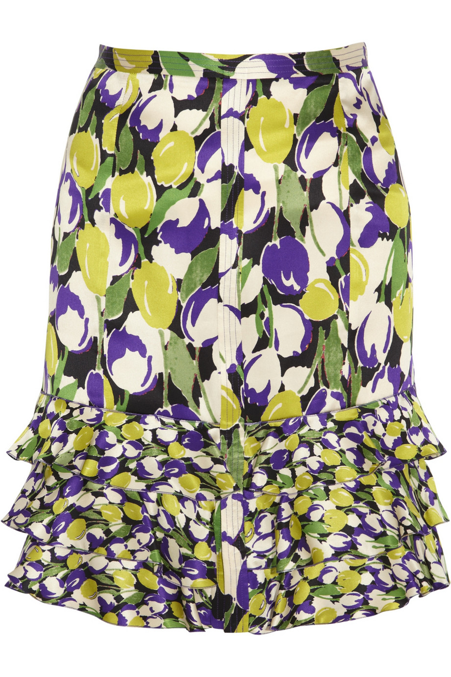 Roberto Cavalli Ruffled Printed Silk Satin Skirt in Multicolor (purple