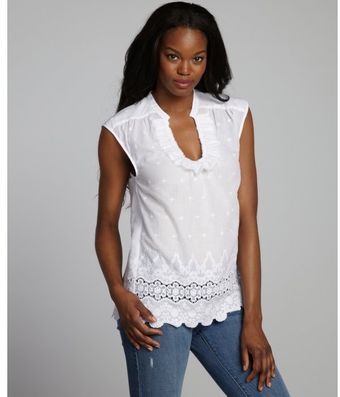 Rebecca Taylor White Embrodiered Cotton Eyelet Ruffled Scoop Neck Top - Lyst