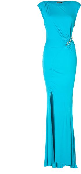 Roberto Cavalli Draped Jersey Gown with Snake Embellishment in Turquoise - Lyst