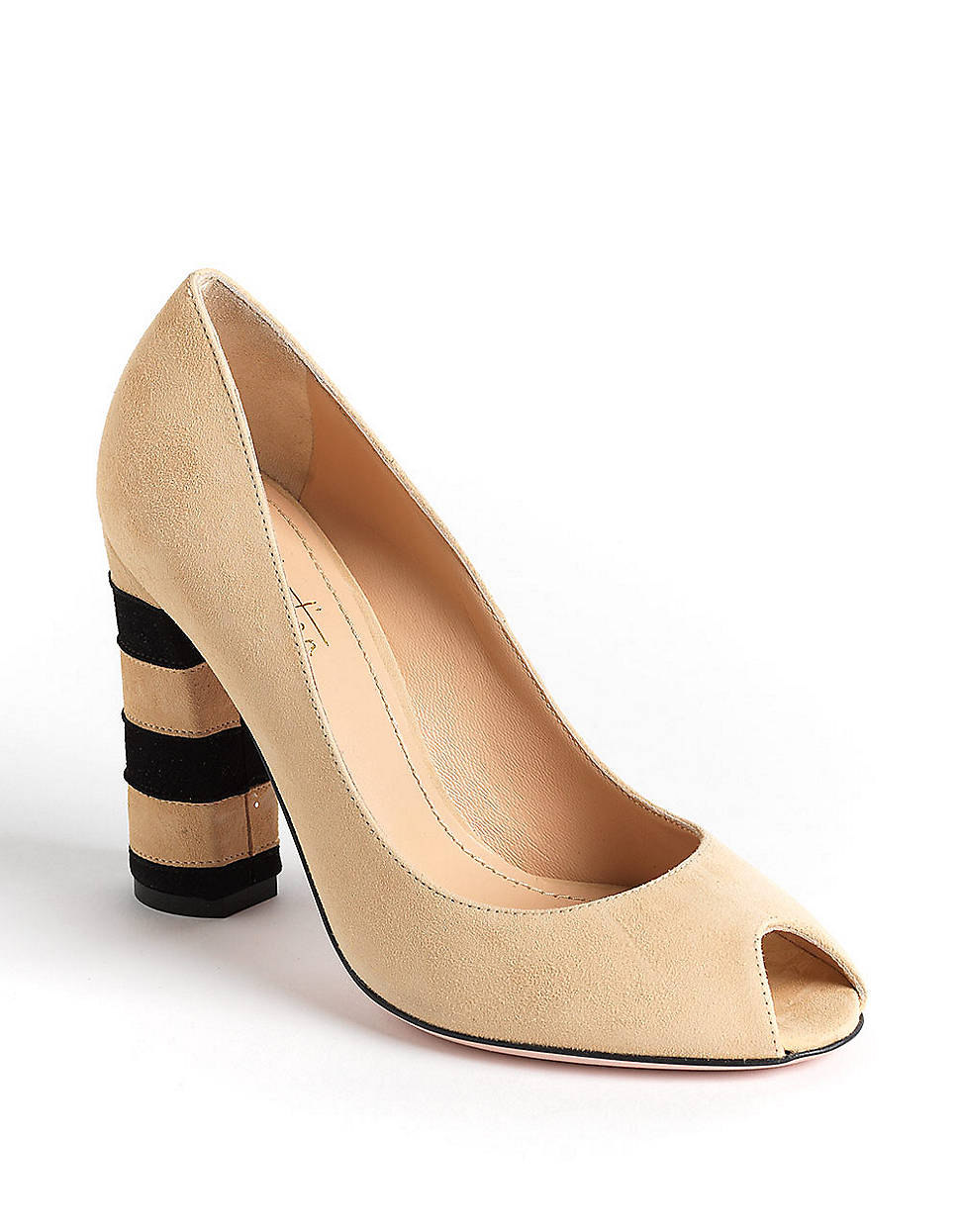 Sebastian Suede PeepToe Stacked Heel Pumps in Beige (ivory/black) Lyst