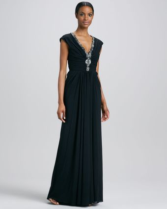 Badgley Mischka Beaded V Neck Gown - Lyst