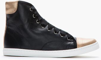 Lanvin Black Leather Hightop Gold Toe Sneakers - Lyst