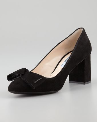 Prada Suede Blockheel Bow Pump - Lyst