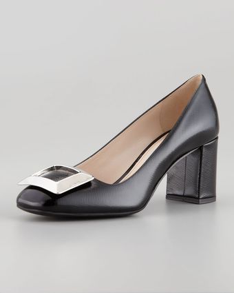 Prada Vernice Saffiano Buckled Blockheel Pump - Lyst