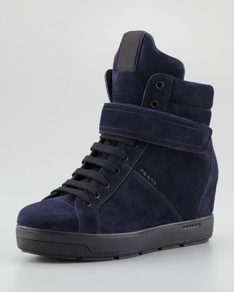 Prada Suede Wedge Sneaker - Lyst