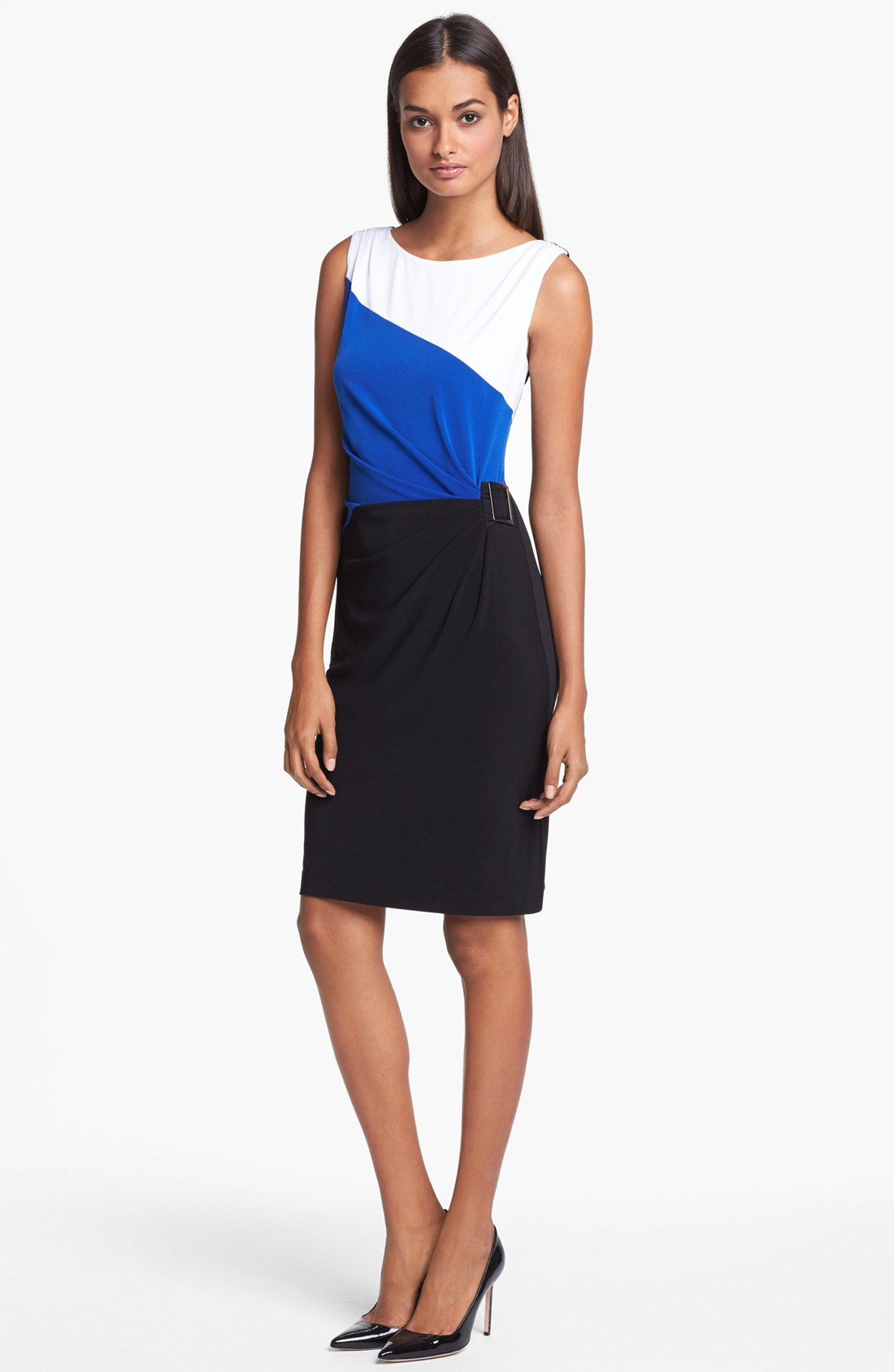 Tahari Colorblock Sleeveless Jersey Dress in Black (black/ cobalt