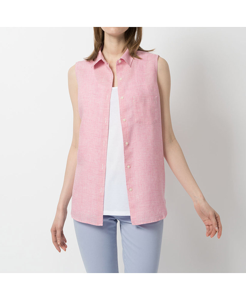 Uniqlo Premium Linen Check Sleeveless Shirt in Pink | Lyst