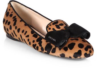 Prada Leopardprint Calf Hair Suede Bow Smoking Slippers - Lyst