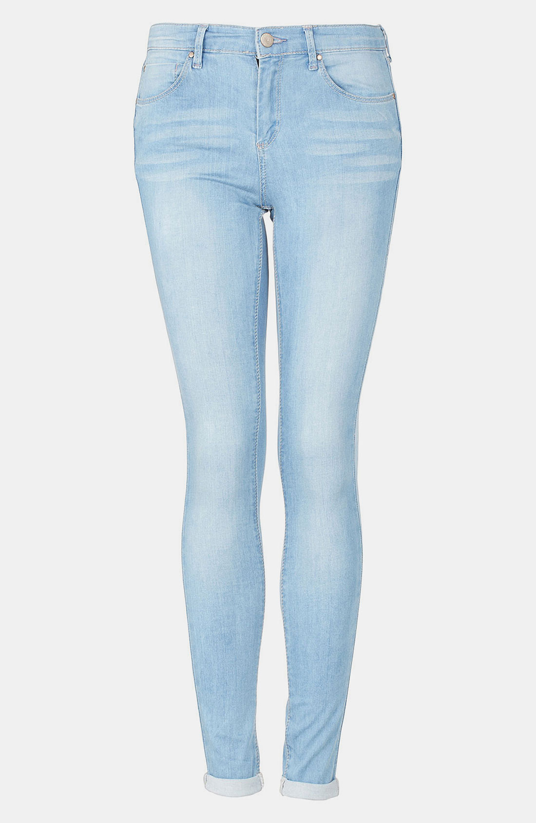 Topshop Moto Leigh Bleach Wash Skinny Jeans Long In Blue Light Denim