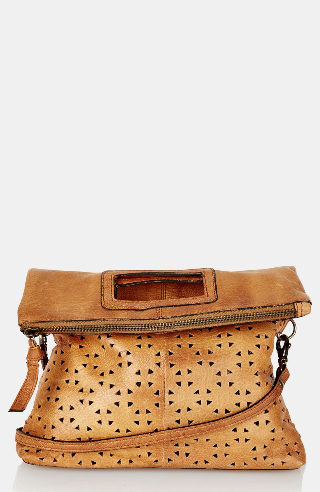 Topshop Perforated Leather Crossbody Bag in Brown (tan)