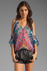  Esmerelda Leather Strap Cold Shoulder Top in Blue