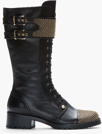 Versus  Black Leather Studded Combat Boots - Lyst